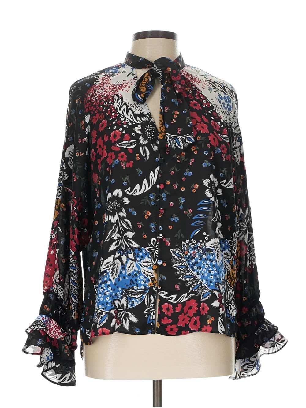 Laundry By Shelli Segal Black Floral Tie-Neck Blouse with Blue & Red Accents